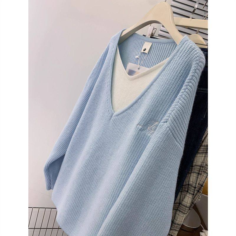 早秋奶蓝色v领中长款假两件毛衣女秋冬大码内搭2025新款针织衫,淘宝优惠券,粉丝福利购,淘宝优惠卷