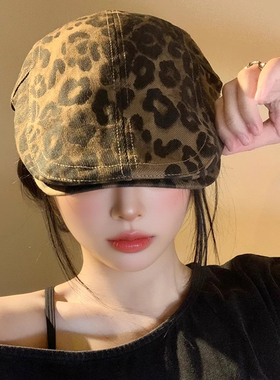 豹纹前进帽美式复古y2k辣妹贝雷帽女秋小众大头围百搭显脸小帽子