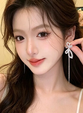 精致法式蝴蝶结耳环女轻奢高级感气质耳钉小众设计长款流苏耳饰