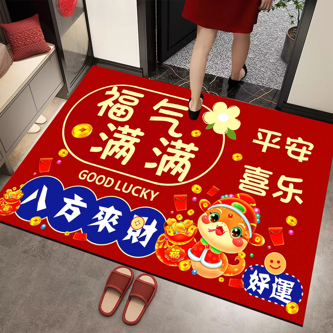 蛇年入户门地垫门口水晶绒脚垫进门出入平安红色喜庆门垫新年地毯