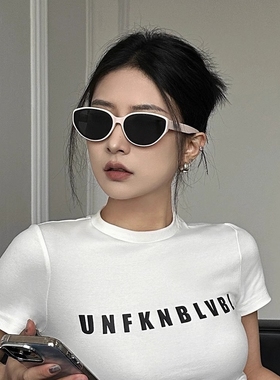 2025防紫外线复古白猫框猫眼墨镜女GM高级感防晒新款太阳镜圆脸