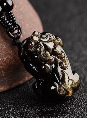天然黑曜石弯头貔貅吊坠男女款挂件冰种金曜石彩虹眼男女同款礼物