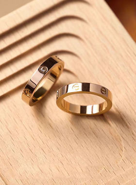 溪御戒指男女18K玫瑰金简约时尚不掉色钉子情侣对戒钛钢刻字三钻