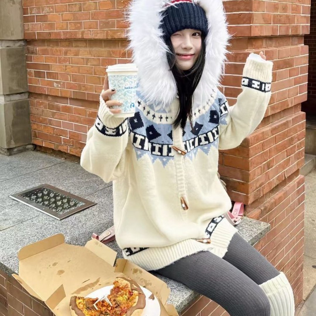 费尔岛大毛领连帽毛衣女秋冬季高级感宽松大码内搭针织开衫上衣,淘宝优惠券,粉丝福利购,淘宝优惠卷