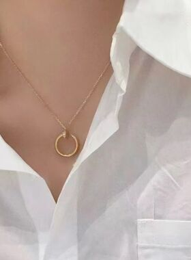 轻奢18K玫瑰金钉子双环锁骨链玫瑰金白金满钻经典大饼项链送女友