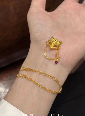 国风款新中式鎏金狐狸面具链条戒指复古镀沙金轻奢时尚叠戴指环