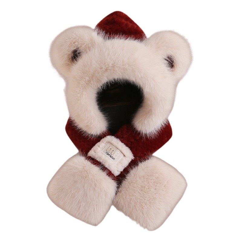 可爱小熊帽子围巾一体女新款秋冬季加绒围脖防寒保暖护耳帽红色,淘宝优惠券,粉丝福利购,淘宝优惠卷