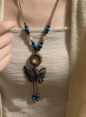 波西米亚复古蝴蝶长款项链女款2026新款民族风挂绳毛衣链配饰装饰