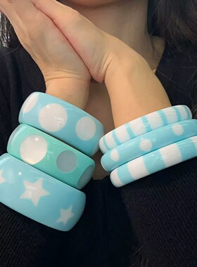 欧美跨境薄荷绿几何圆形手镯时尚猫眼圆点星星条纹树脂bracelet