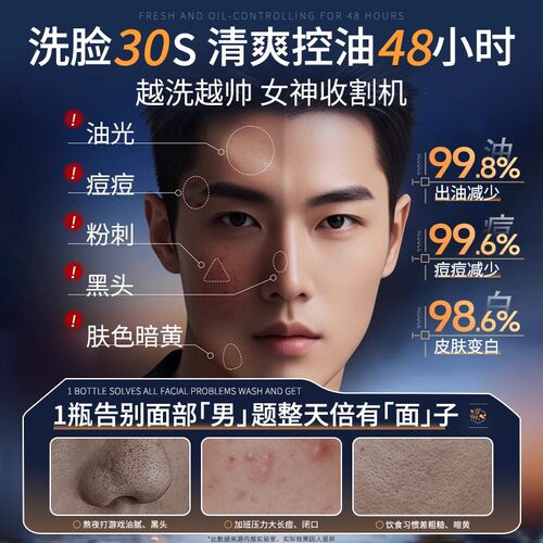 洗面奶男士专用氨基酸清洁控油去黑头洁面乳祛痘清爽型官方旗舰店 - 图0
