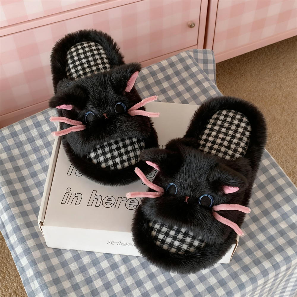 细细条 个性小黑猫卧室居家室内防滑趣味棉拖鞋女士秋冬毛毛拖鞋 - 图2