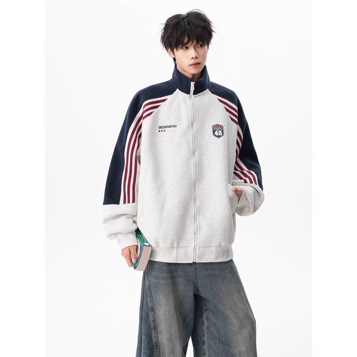 美式条纹撞色立领开衫卫衣男女春秋冬学院风宽松休闲运动夹克外套,淘宝优惠券,粉丝福利购,淘宝优惠卷