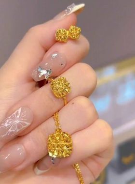 周家同款爆闪方糖耳钉项链套装黄金色拉丝小方块戒指吊坠首饰套装