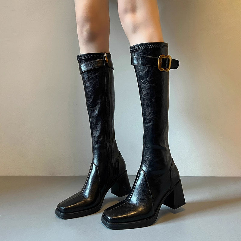 辣妹风高跟长筒靴女2025秋冬新款方头长靴子骑士靴黑色高筒腿型,淘宝优惠券,粉丝福利购,淘宝优惠卷