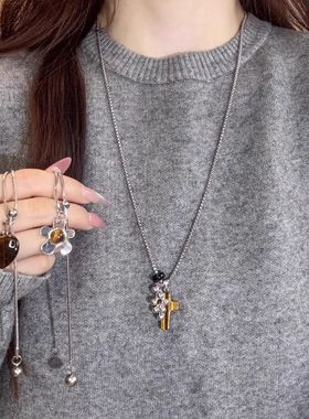 秋冬长款虎眼石花朵爱心星星吊坠项链女美拉德复古毛衣链轻奢百搭