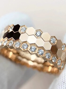 蜂巢戒指主钻镀18k蜂窝彩金指环韩版潮人时尚饰品满钻情侣送礼指