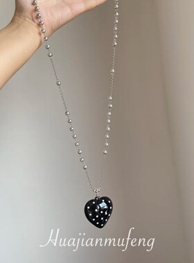 韩系博主黑色波点蝴蝶结珍珠项链女款百搭长款锁骨链小众挂件配饰