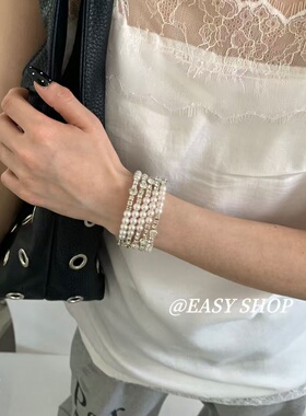 Vintage古着仿珍珠多圈少女手镯秋冬新款高颜值手环气质个性手饰