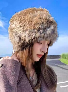 高档兔毛帽子女加厚毛绒皮草防寒保暖毛线针织帽护耳秋冬天包头帽