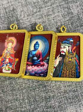 唐卡矿砂喷绘八大守护神吊坠朱砂药师喷绘佛黄财神唐卡吊坠送挂绳