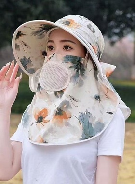 采茶帽帽子防晒帽女大帽檐太阳帽面罩型遮阳帽防紫外线新款骑车
