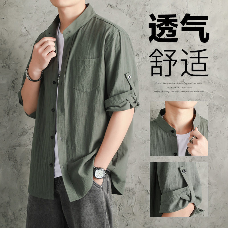亚麻衬衫男衬衣宽松男装中国风夏季棉麻男士外套七分袖衣麻布薄款-图0