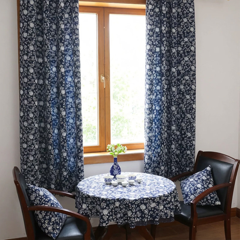 New Chinese style retro curtain door curtain polyester cotton blue printed fabric ethnic style home fabric living room bedroom curtain fabric