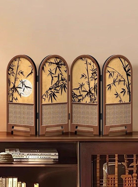 新中式桌面小屏风摆件茶室电视柜客厅玄关文创古风折叠装饰画