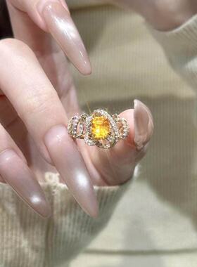 爆闪满钻橙色芬达方糖戒指女款轻奢小众设计高级感百搭不规则指环