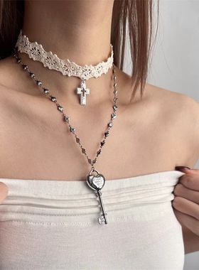 白色蕾丝十字架绑带choker叠戴