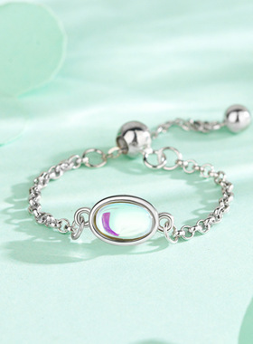 S925纯银水滴形月光石链条抽拉戒指女小众设计食指戒简约可调节