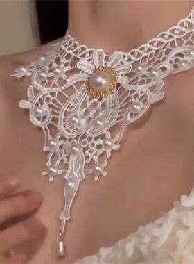 白色珠珠蕾丝choker项链女2025小众高级感锁骨链纯欲辣妹颈链配饰