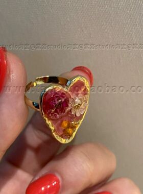 春夏树脂干花爱心戒指女小众彩色叠戴指环多巴胺食指戒指潮