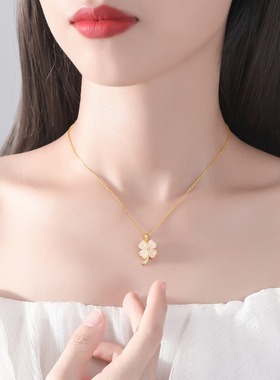 幸运四叶草项链女S925纯银国风高级感天然和田玉花朵吊坠锁骨好运