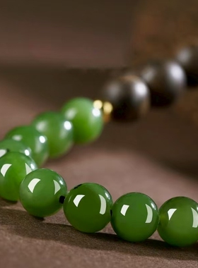 新款天然越南芽庄沉香手串女款正品碧玉手链菠菜绿双半山半水