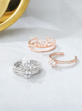 皇冠戒指925纯银女微镶二合一可拆卸两件套组合爆款玫瑰金可调节