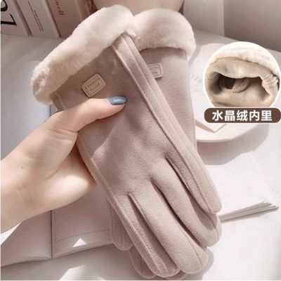 手套女生冬天高颜值手套冬天女加绒加厚保暖可爱麂皮绒女士骑行防