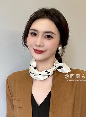 脖子磁吸扣丝巾2026时尚百搭系新款装饰领巾项链黑色珍珠围巾波点