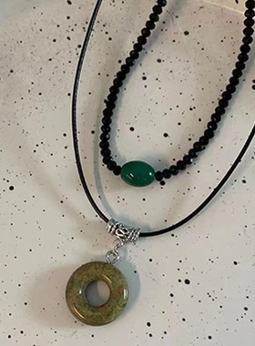 新中式复古天然石圆环吊坠锁骨链潮双层中古手作绿色平安扣项链女