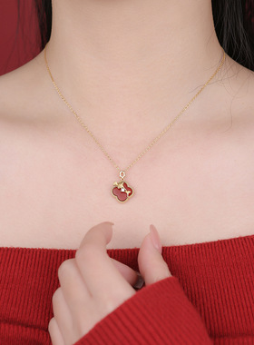 原创纯银S925红玛瑙银杏叶项链何其有幸轻奢幸运个性锁骨链