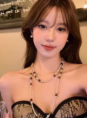 暮色松茶 双层虎眼色串珠珍珠项链长款秋冬小香风毛衣配饰