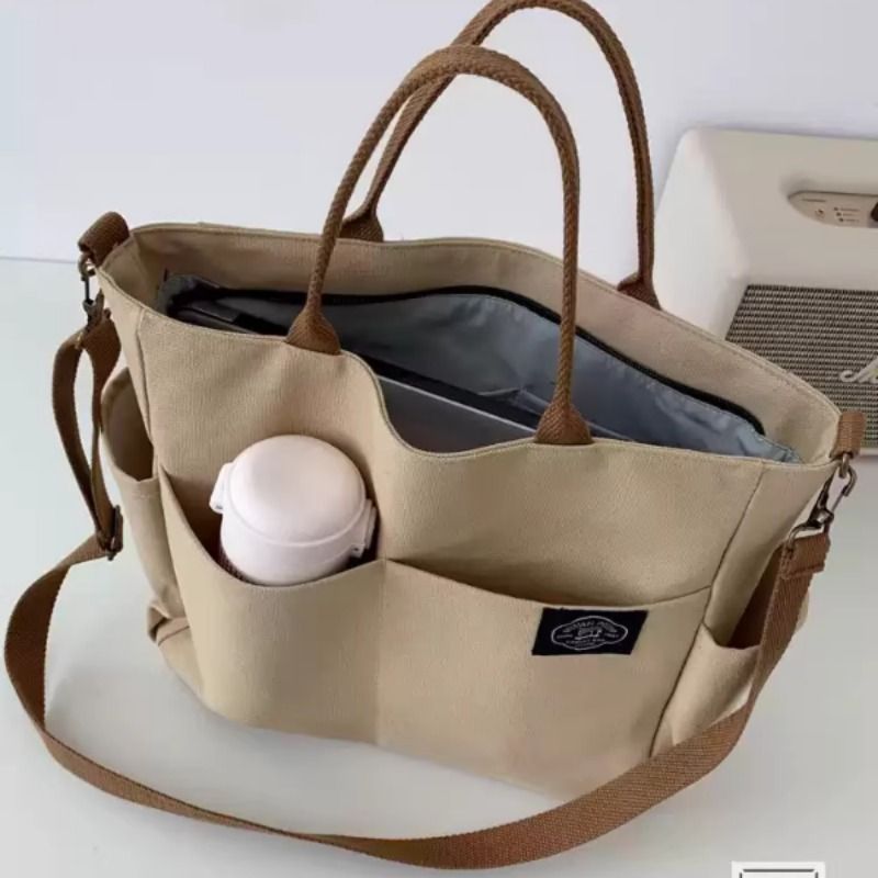 加厚多口袋文艺托特帆布学生电脑简约手提单肩斜挎包2025隔层可放 - 图0