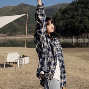致别风火山春秋日系复古格子长袖衬衫男街头宽松bf风休闲衬衣