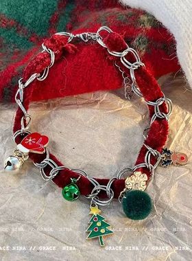 诞愿!圣诞树毛绒铃铛choke项链女2025新款项圈秋冬小众毛衣链花朵