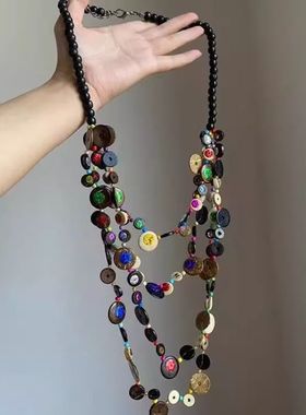 「大艺术家」波西米亚彩色圆牌项链多层复古长款民族风个性锁骨链