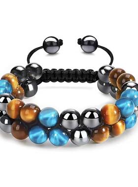 虎眼石三重保护手链男士可拉伸编绳赤铁矿黑玛瑙串珠双排编织手链