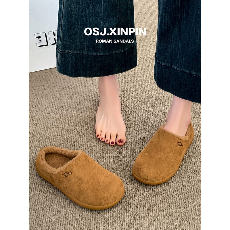 毛毛勃肯鞋女半拖外穿2025新款爆款冬季一脚蹬女鞋加绒包头棉拖鞋 - 图1