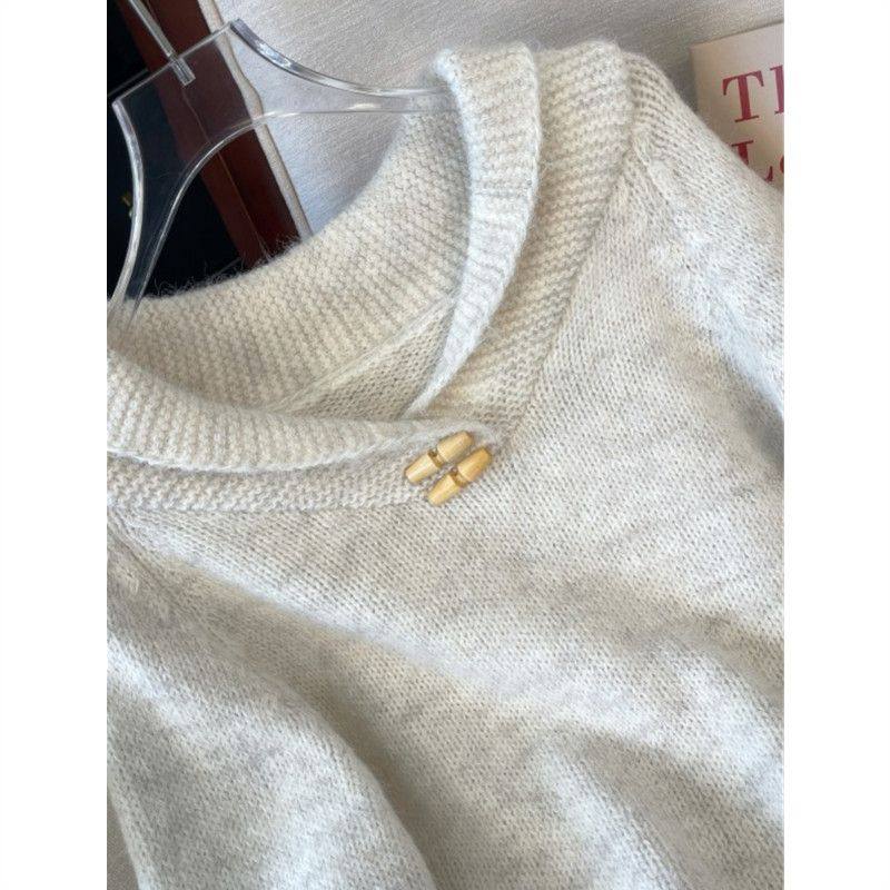 慵懒风牛角扣灰色翻领毛衣女早秋装大码内搭插肩袖正肩针织衫,淘宝优惠券,粉丝福利购,淘宝优惠卷