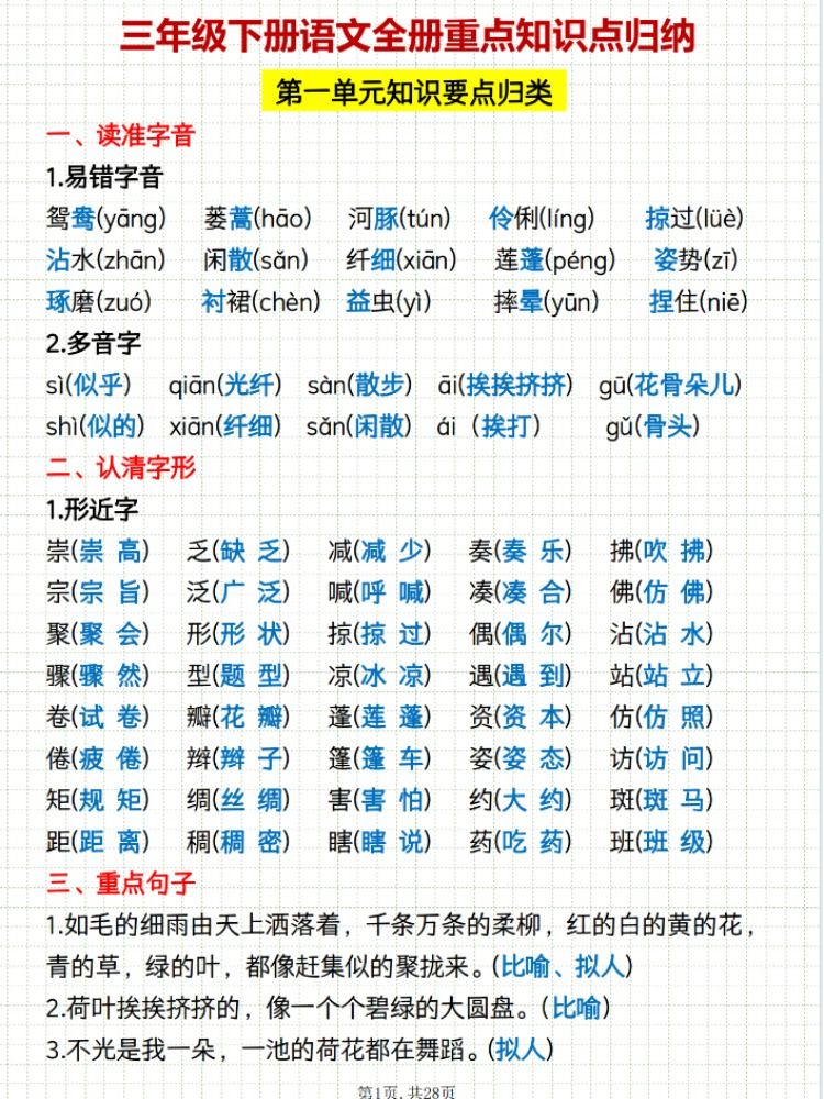 人教版一年级二年级三年级语文数学上册下册期中期末每单元考点必备清单全册知识点易错点难点汇总重点知识汇总复习总复习课前预习 - 图0