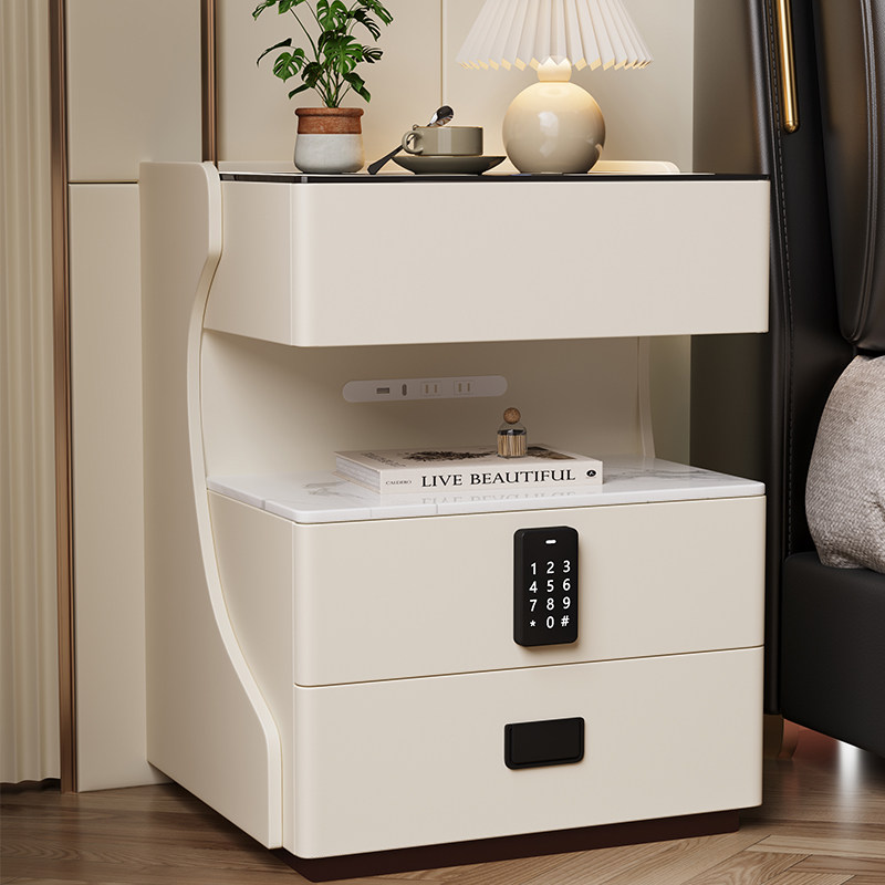 奶油风智能床头柜家用实木床边柜卧室钢化玻璃收纳柜子超窄保险柜,淘宝优惠券,粉丝福利购,淘宝优惠卷